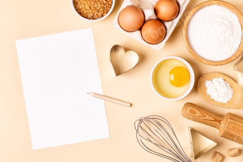 Preview: Ingredients and utensils for baking on a pastel background.