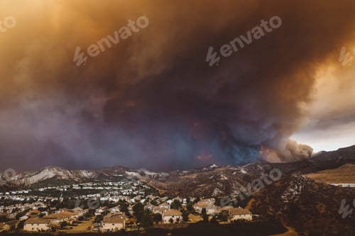 Preview: Smoke from Sand brush fire covering West Hollywood cityscape at sunset in California