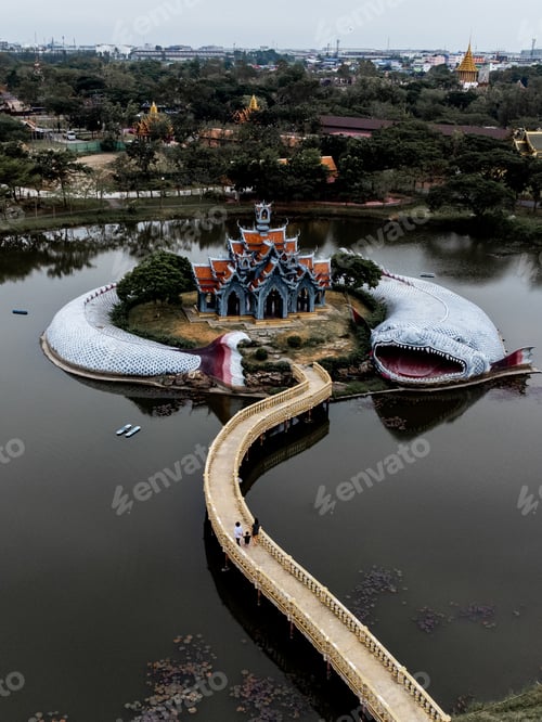 Preview: Aerial Ancient city Fish Temple in Bangkok Thailand, Ancient Siam, Muang Boran