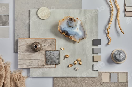 Preview: Flat lay of creative architect moodboard composition