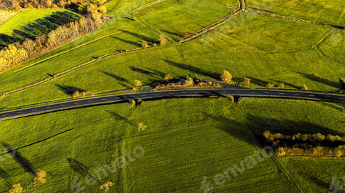 Preview: Aerial view of a country road and green fields in the countryside