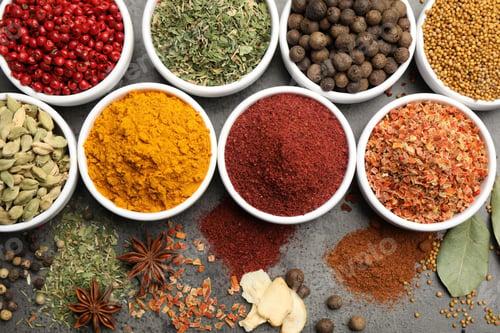 Preview: Different aromatic spices on grey table, flat lay