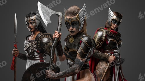 Preview: Three amazons dressed in steel armors against grey background