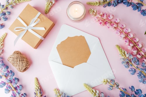 Preview: Gift box and envelope with card and flowers on pink background