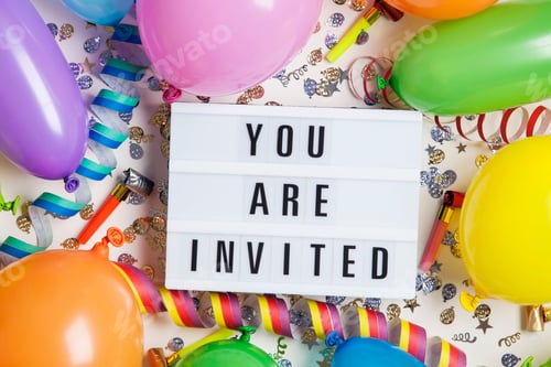 Preview: Party celebration background with you are invited message on a lightbox