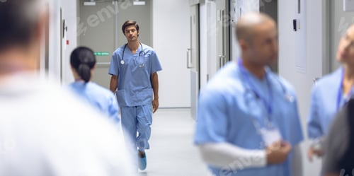 Preview: Young Caucasian male surgeon walking in corridor.