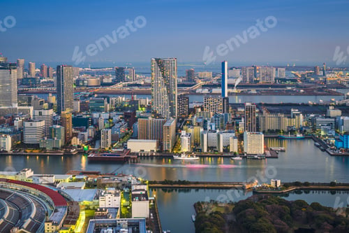 Preview: Tokyo, Japan Cityscape Aerial Cityscape Over Tsukiji Market At Twilight.