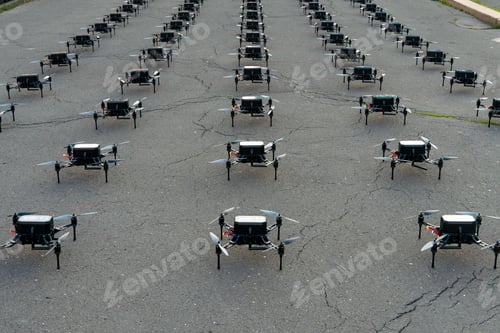 Preview: Row of drones arranged symmetrically on the ground, Zagreb, Croatia