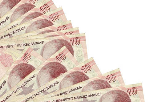 Preview: 10 Turkish liras bills lies isolated on white background with copy space stacked in fan close up