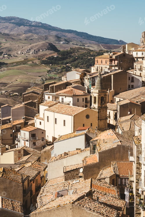 Preview: Gangi hilltop village in Sicily with historic rooftops and countryside view