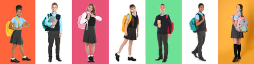 Preview: Children with backpacks on different colors backgrounds. Back to school