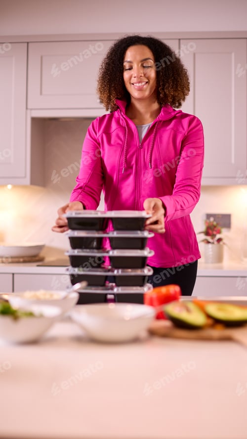 Preview: Woman In Kitchen Wearing Fitness Clothing Making Batch Of Healthy Meals For Freezer In Advance