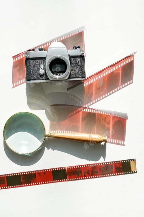 Preview: Analog photography with filmstrip old classic camera, lens and magnifying glass.