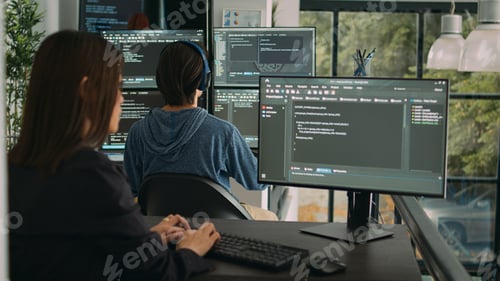 Preview: Woman programer typing source code on computer keyboard
