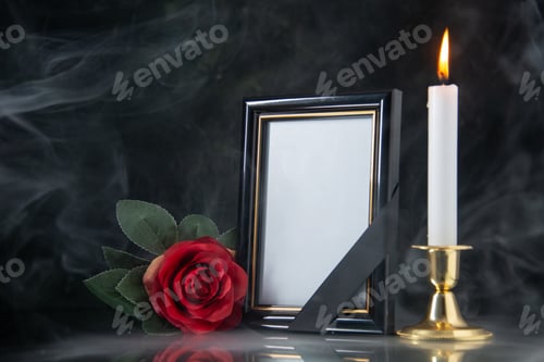 Preview: front view of burning candle with picture frame on the black background funeral evil war death