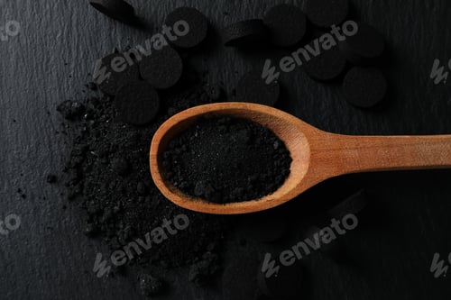 Preview: Activated charcoal powder in a wooden spoon on a dark background