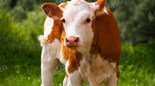 Preview: A charming cow calf is grazing in a meadow. A red-white calf looks at the camera.
