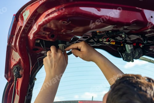 Preview: Hands of a man repairing a car by himself. Repair work. Mechanic. Car headlight replacement.