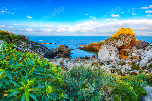 Preview: Dramatic spring sunset on the the cape Milazzo panorama of nature reserve Piscina di Venere.