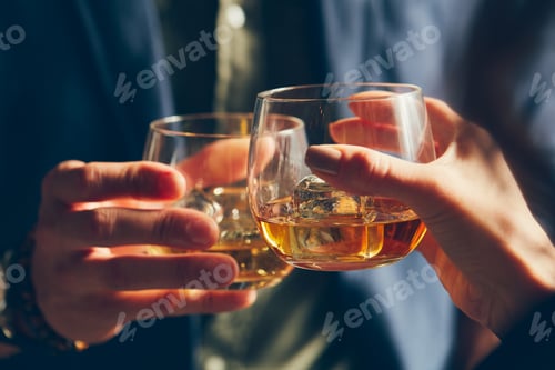 Preview: Closeup shot of two people clinking glasses with alcohol at a toast