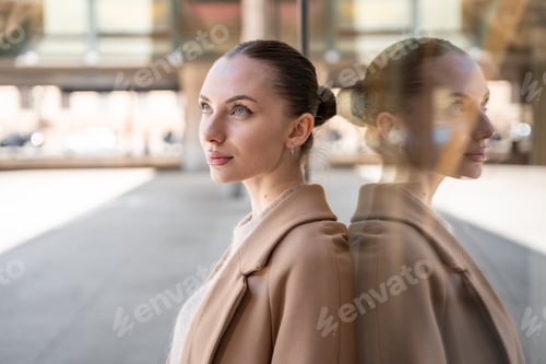 Preview: Young beautiful woman wearing coat walking in the city centre of Prague, Europe