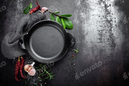 Preview: cast iron pan and spices on black metal culinary background, view from above