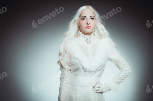 Preview: Waist Up Portrait Of Mystical Looking Woman With White Hair Dressed All In White, Woman Wearing