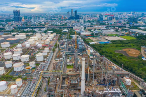 Preview: Petrochemical oil refinery in Bangkok City, Thailand. Oil and gas tanks in industry factory.