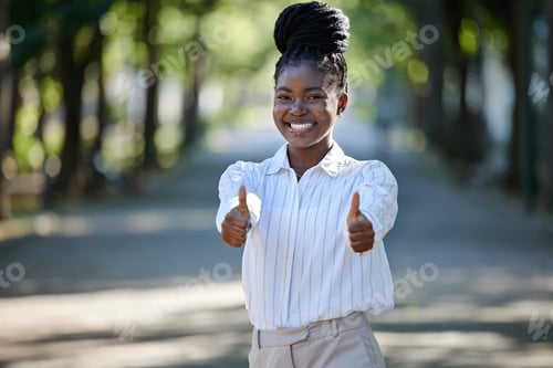Preview: Thumbs up, motivation and success with a young business woman standing outside. Yes, thank you or w