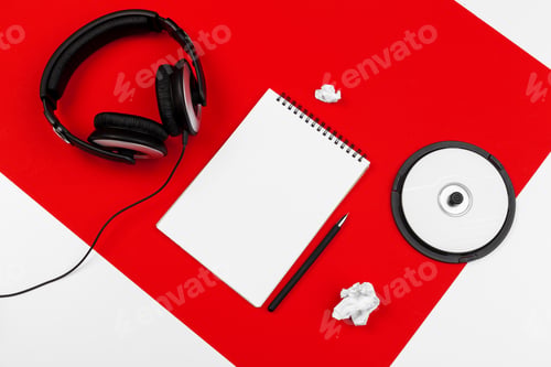 Preview: Headphones with cord on red and white color background