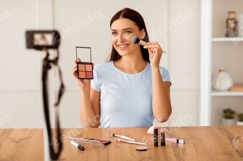 Preview: Makeup Artist Girl Making Video For Blog About Cosmetics Indoors