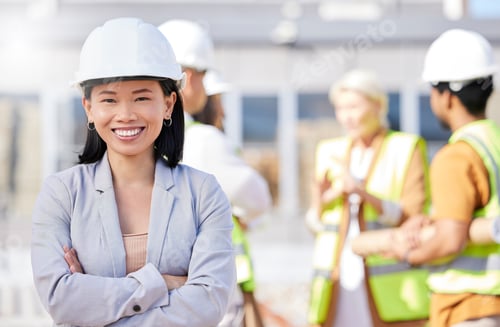Preview: Construction worker, architecture and woman in engineering on site with team or group of workers an