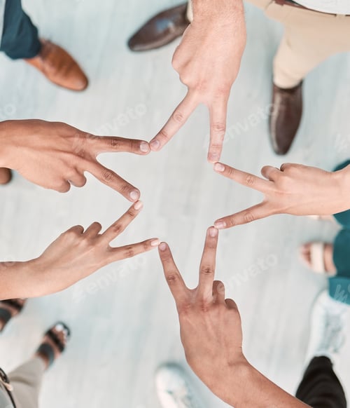 Preview: Team, office and hands for star, group and peace in solidarity, success and goal for business. Fina