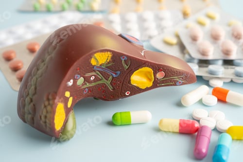 Preview: Liver model with pill drug treatment, Cirrhosis, Liver cancer, fatty liver.