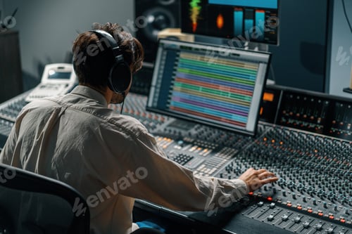 Preview: Sound engineer working in music studio with monitors and equalizer on screen mastering tracks