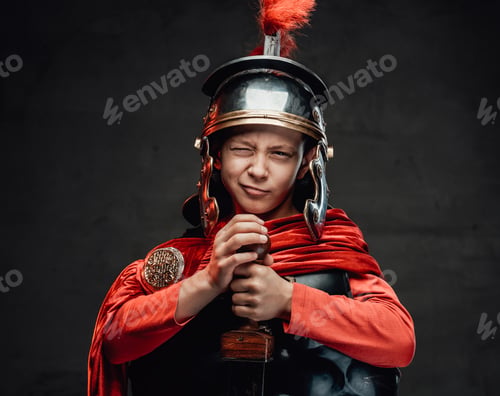 Preview: Joyful roman kid fighter with sword in dark background