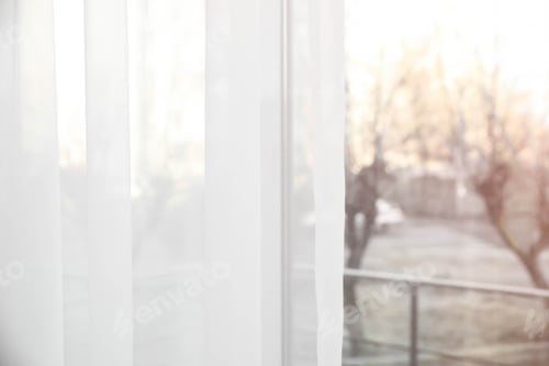 Preview: Window with white curtains indoors, closeup view