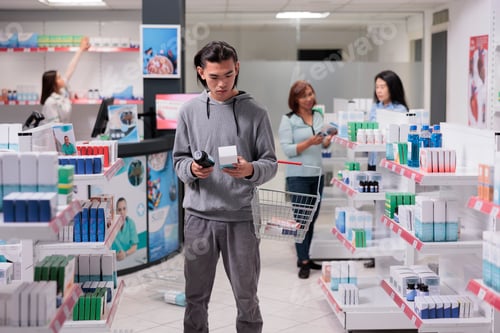 Preview: Undecisive customer reading medicine packages