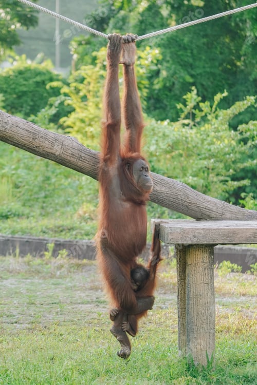 Preview: Orangutan or Pongo Pygmaeus is captured sitting on a rock and playing around in a zoo enclosure.