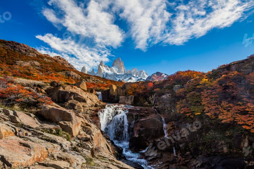 Preview: Beautiful view with waterfall and Fitz Roy mountain. Patagonia, Argentina