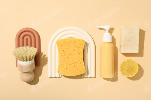Preview: Brush, sponge and detergents on beige background, top view