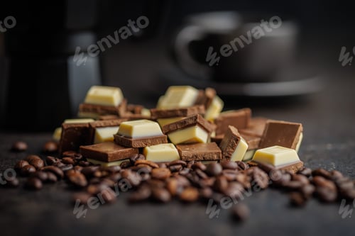 Preview: White light dark chocolate bars and coffee beans on black table.