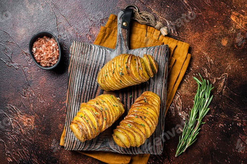 Preview: Roasted Hasselback Potato with Fresh thyme and rosemary. Dark background. Top view