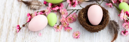Preview: Stylish background with colorful easter eggs on white wooden background with copy space