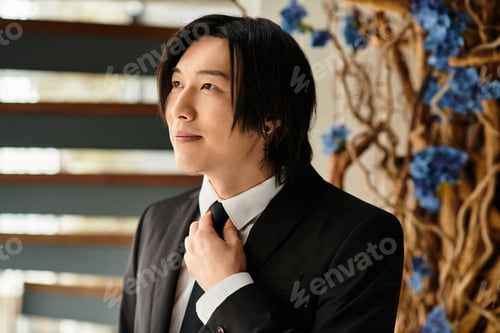 Preview: Captivating groom preparing for a beautiful wedding ceremony surrounded by elegant decor