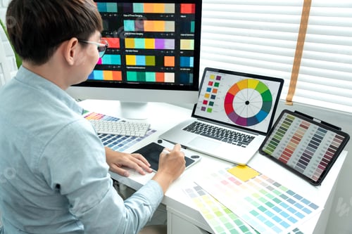 Preview: Male graphic designer is choosing color swatch samples on multiple screens and sketching on tablet