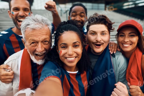 Preview: Group of happy sports fans taking selfie while going on soccer match together.