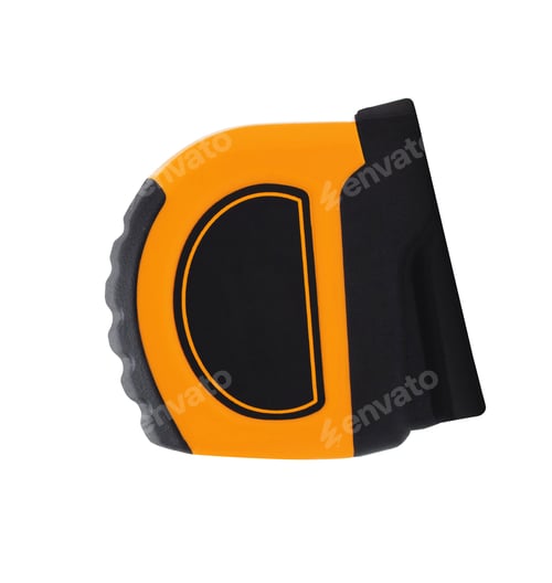 Preview: Yellow construction tape measure closeup on white background.