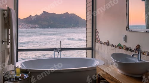 Preview: man and woman in bath tub jaccuzi on vacation, couple man and woman in bath tub looking out over the