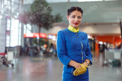 Preview: Woman stewardess or air hostess standing in airport terminal